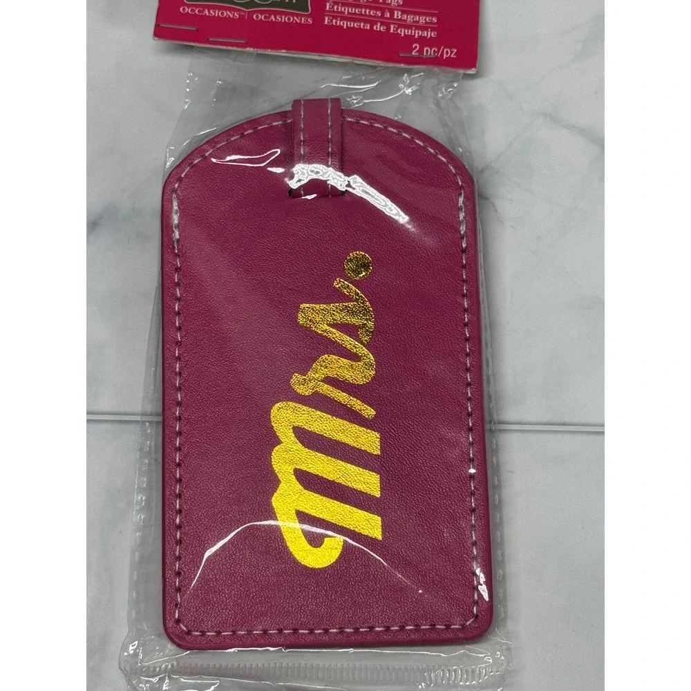 Celebrate It Mr and Mrs Luggage Tags Set 2pc Pink Black Gold Faux Leather NWT
